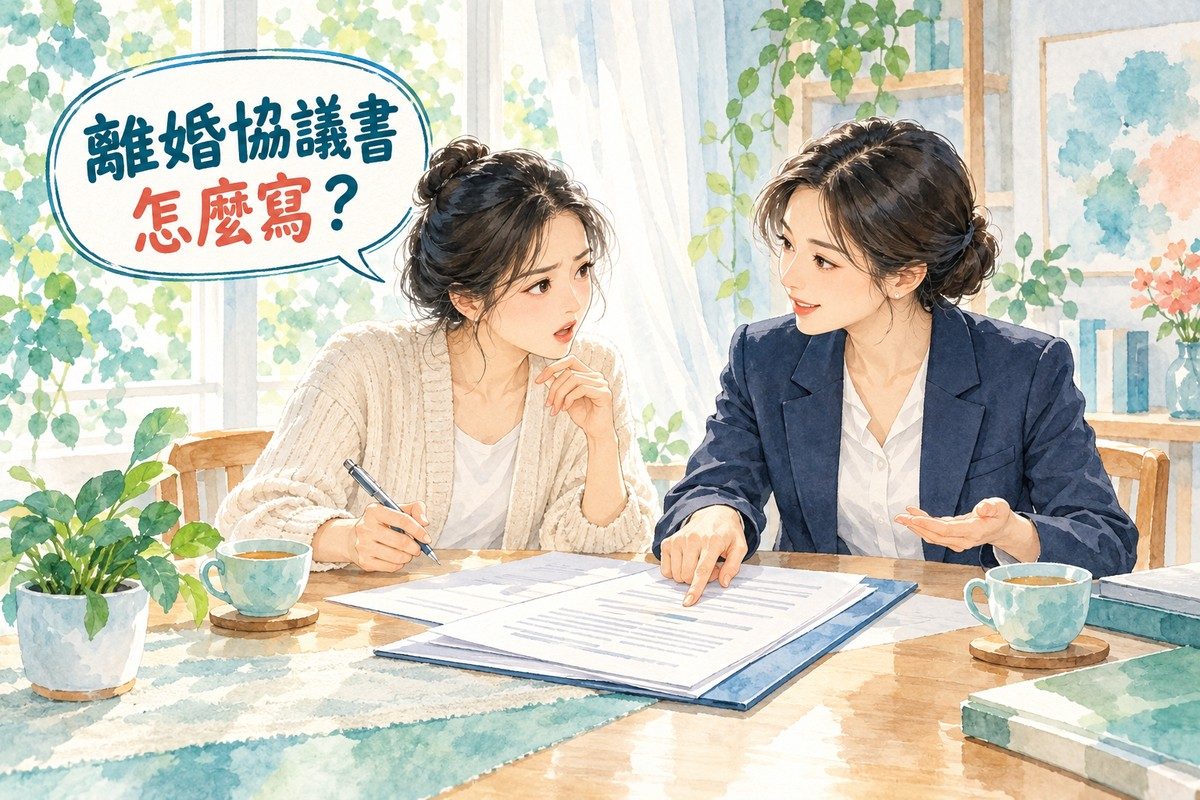 律師在餐桌旁指著離婚協議書的條款,向當事人說明怎麼寫的水彩插圖