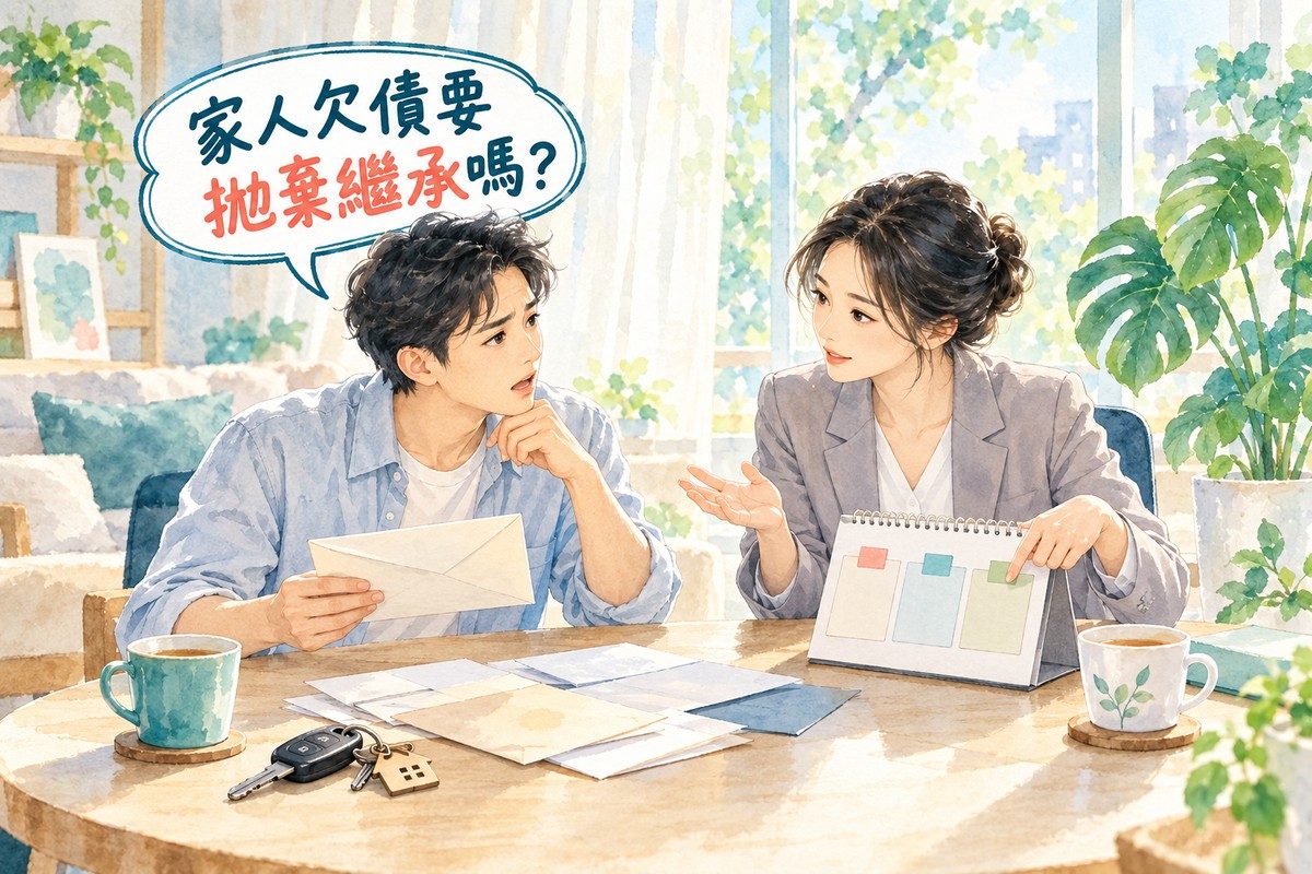 律師向前來詢問的人說明「家人欠債要拋棄繼承嗎？」的封面插圖