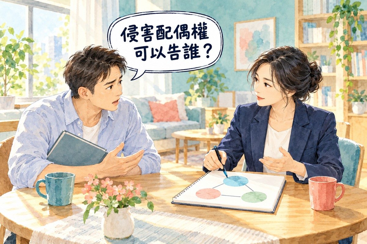 律師向前來詢問的人說明「侵害配偶權可以告誰？」的封面插圖