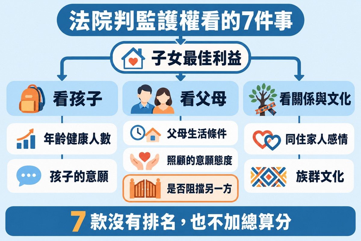 樹狀圖:最上方是子女最佳利益,往下分成三欄。看孩子:年齡健康人數、孩子的意願;看父母:父母生活條件、照顧的意願態度、是否阻擋另一方;看關係與文化:同住家人感情、族群文化。底部寫著7款沒有排名,也不加總算分。