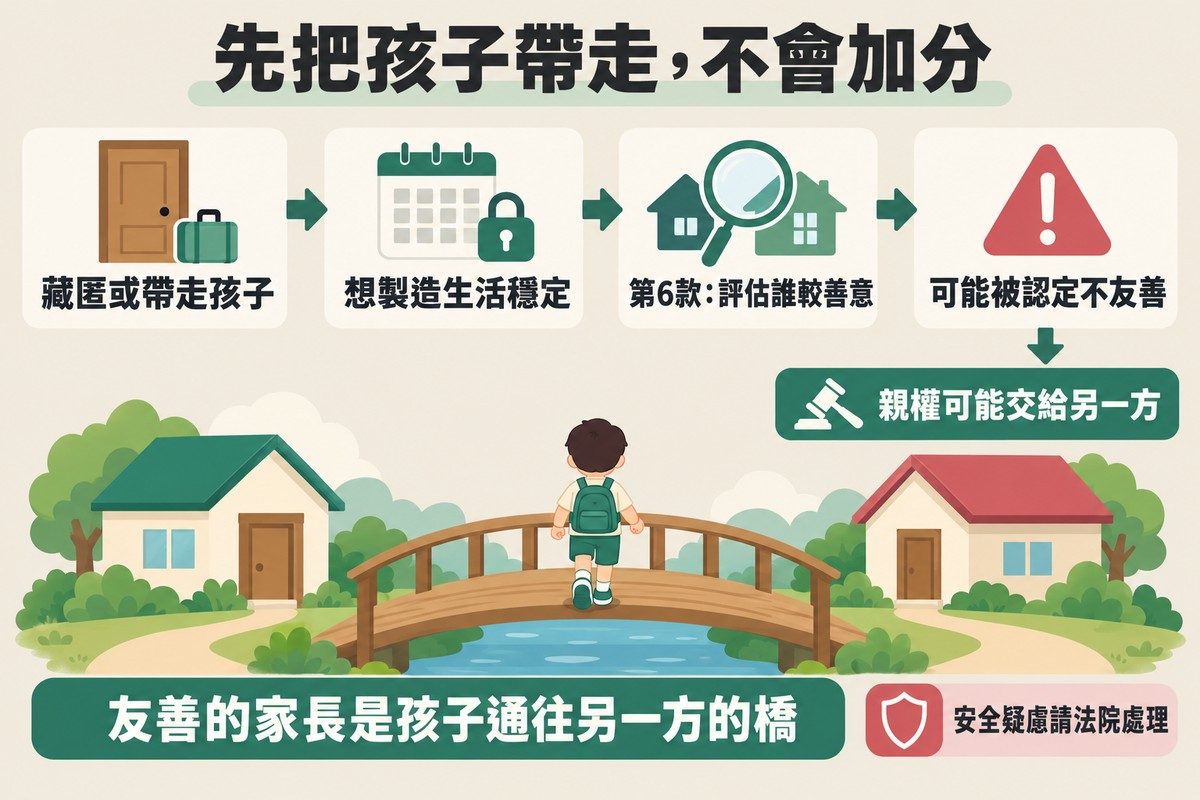 因果流程圖:藏匿或帶走孩子、想製造生活穩定,接到第6款評估誰較善意,結果可能被認定不友善、親權可能交給另一方;旁邊註明安全疑慮請法院處理。下方畫著孩子背影走過兩棟房子之間的小橋,寫著友善的家長是孩子通往另一方的橋。