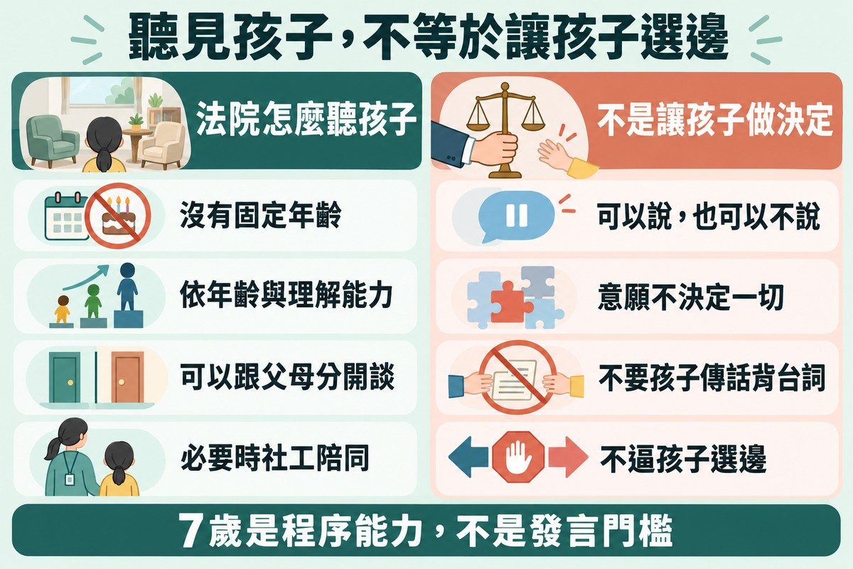 左右對照圖:左欄法院怎麼聽孩子,列出沒有固定年齡、依年齡與理解能力、可以跟父母分開談、必要時社工陪同;右欄不是讓孩子做決定,列出可以說也可以不說、意願不決定一切、不要孩子傳話背台詞、不逼孩子選邊。底部寫著7歲是程序能力,不是發言門檻。