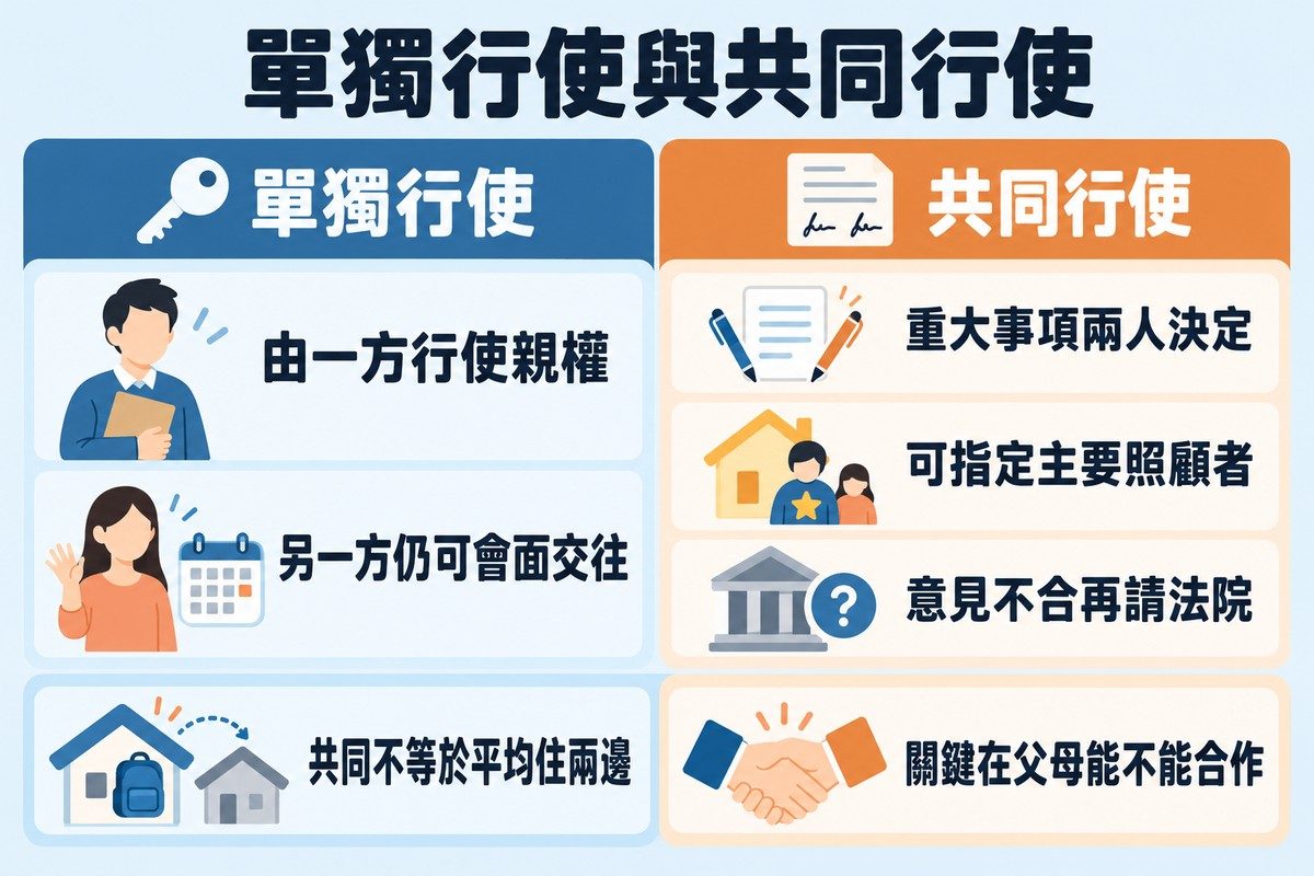 左右比較圖:單獨行使是由一方行使親權、另一方仍可會面交往;共同行使是重大事項兩人決定、可指定主要照顧者、意見不合再請法院。底部寫著共同不等於平均住兩邊,以及關鍵在父母能不能合作。