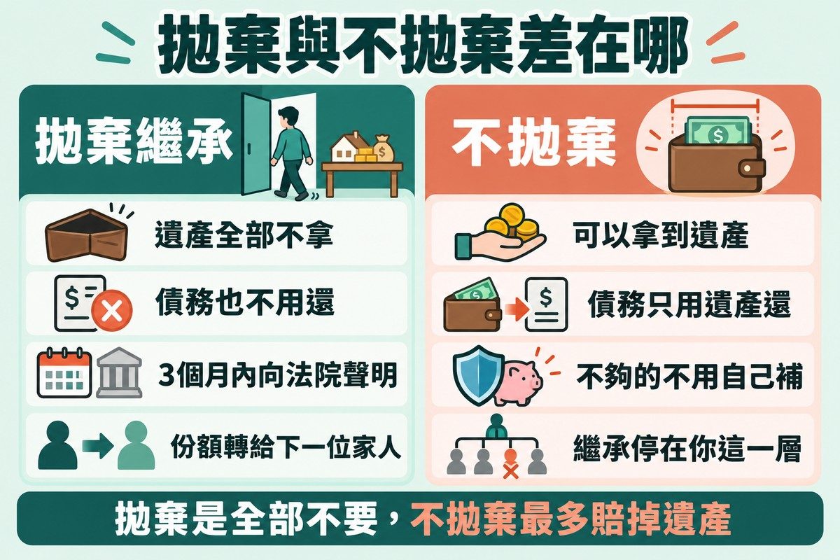 左右對照圖：左欄「拋棄繼承」列出遺產不拿、債務不用還、3個月內向法院聲明、份額轉給下一位家人；右欄「不拋棄」列出可以拿到遺產、債務只用遺產還、不夠的不用自己補、繼承停在這一層，底部寫著拋棄是全部不要、不拋棄最多賠掉遺產。