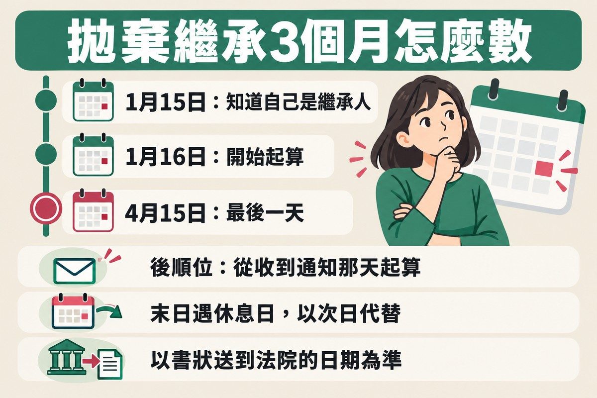 直式時間軸：1月15日知道自己是繼承人、1月16日開始起算、4月15日是最後一天並被圈起；下方提醒後順位從收到通知那天起算、末日遇休息日以次日代替、以書狀送到法院的日期為準。