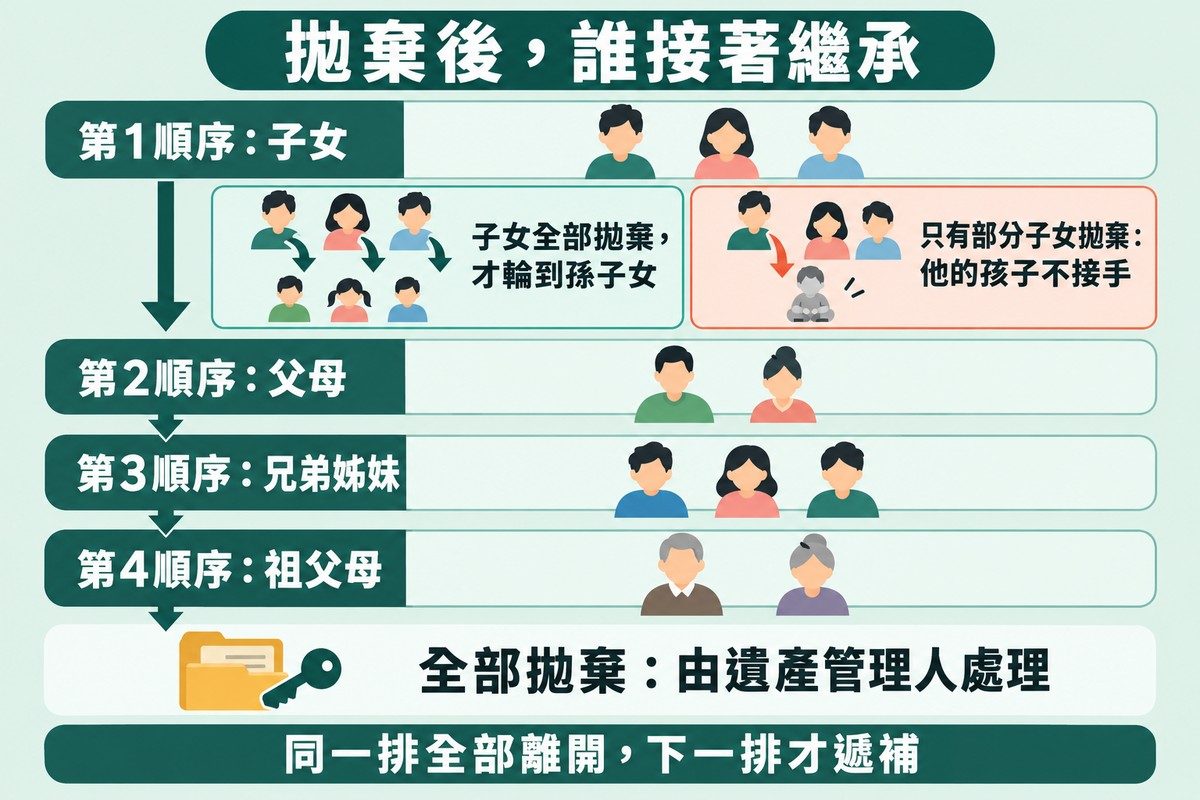 階梯圖：由上而下是第1順序子女、第2順序父母、第3順序兄弟姊妹、第4順序祖父母；旁邊說明子女全部拋棄才輪到孫子女、只有部分子女拋棄時他的孩子不接手，底部寫著全部拋棄由遺產管理人處理，以及同一排全部離開下一排才遞補。