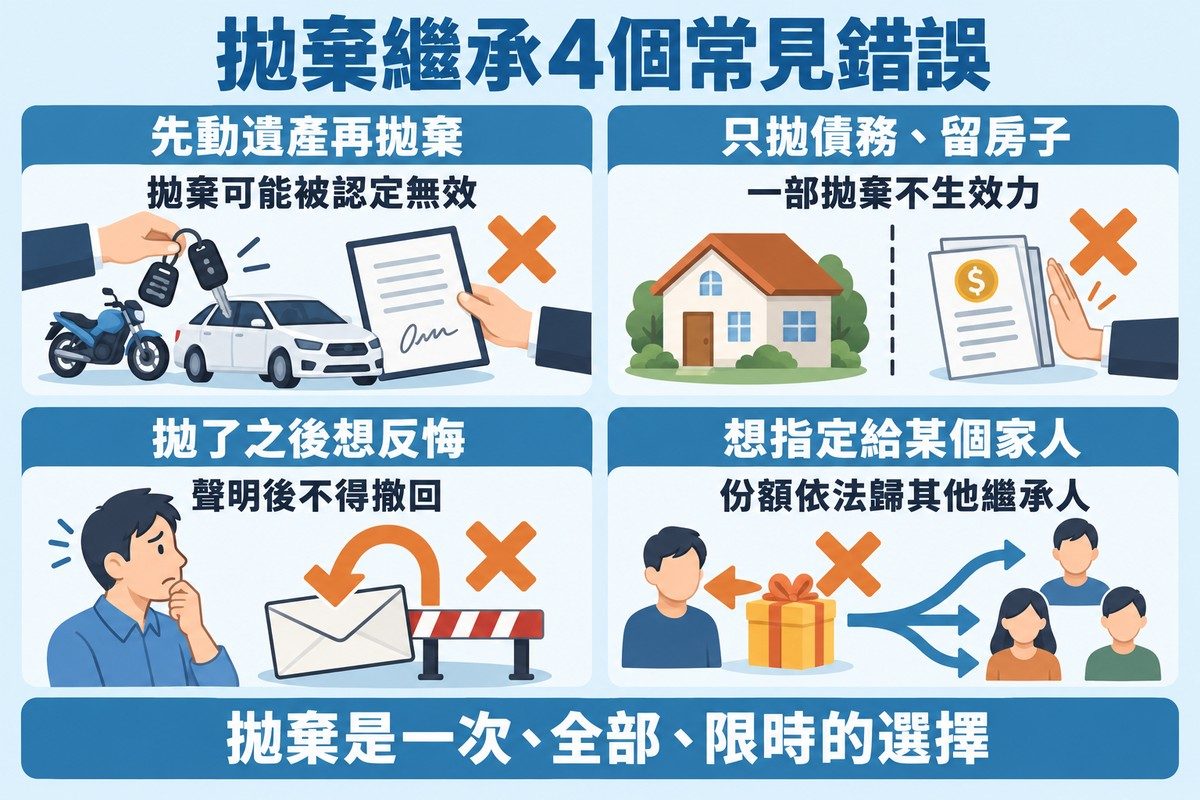 四格清單圖：先動遺產再拋棄可能被認定無效、只拋債務留房子一部拋棄不生效力、拋了之後想反悔但聲明後不得撤回、想指定給某個家人但份額依法歸其他繼承人，底部寫著拋棄是一次、全部、限時的選擇。