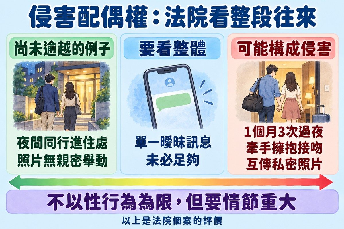 三欄解說圖：左欄薄荷綠寫夜間同行進住處、照片無親密舉動，屬於尚未逾越的例子；中欄藍色寫單一曖昧訊息未必足夠、要看整體；右欄珊瑚色寫1個月3次過夜、牽手擁抱接吻、互傳私密照片，可能構成侵害