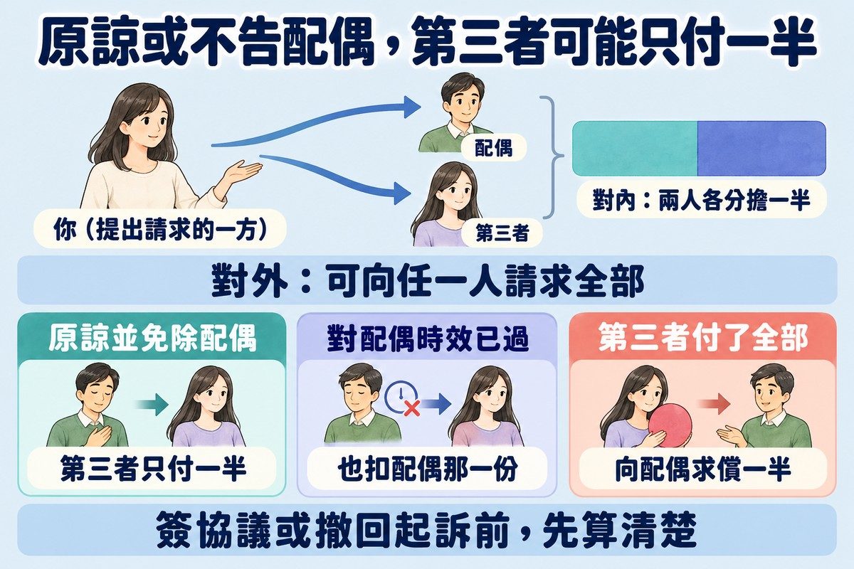 結構圖：提出請求的一方可以向配偶或第三者任一人請求全部，配偶與第三者內部各分擔一半；下方三張卡片說明原諒並免除配偶時第三者只付一半、對配偶時效已過也扣掉配偶那一份、第三者付了全部可以向配偶求償一半