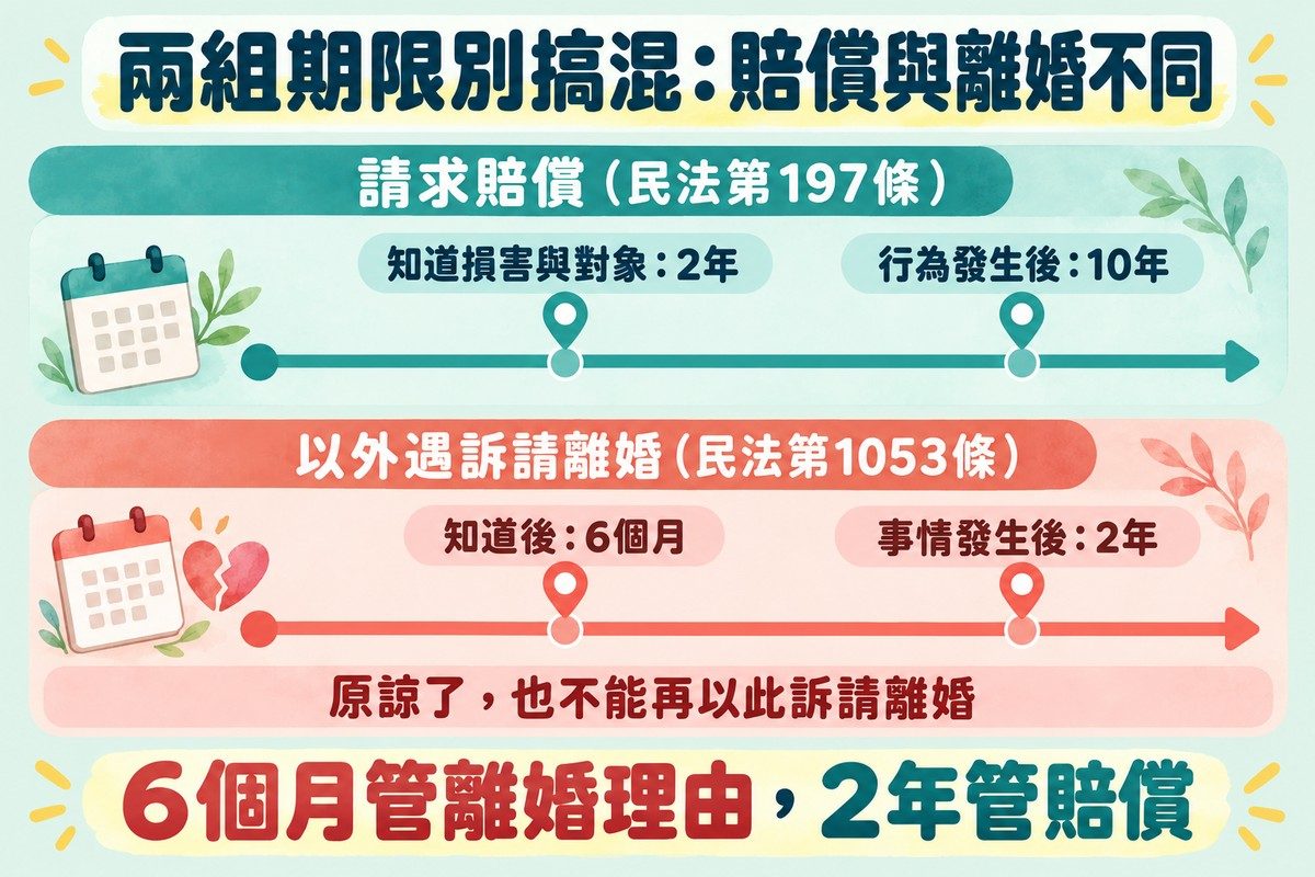 雙軌時間軸：上方藍綠色軌道是請求賠償的期限，知道損害與對象後2年、行為發生後10年；下方珊瑚色軌道是以外遇訴請離婚的期限，知道後6個月、事情發生後2年，原諒了也不能再以此訴請離婚