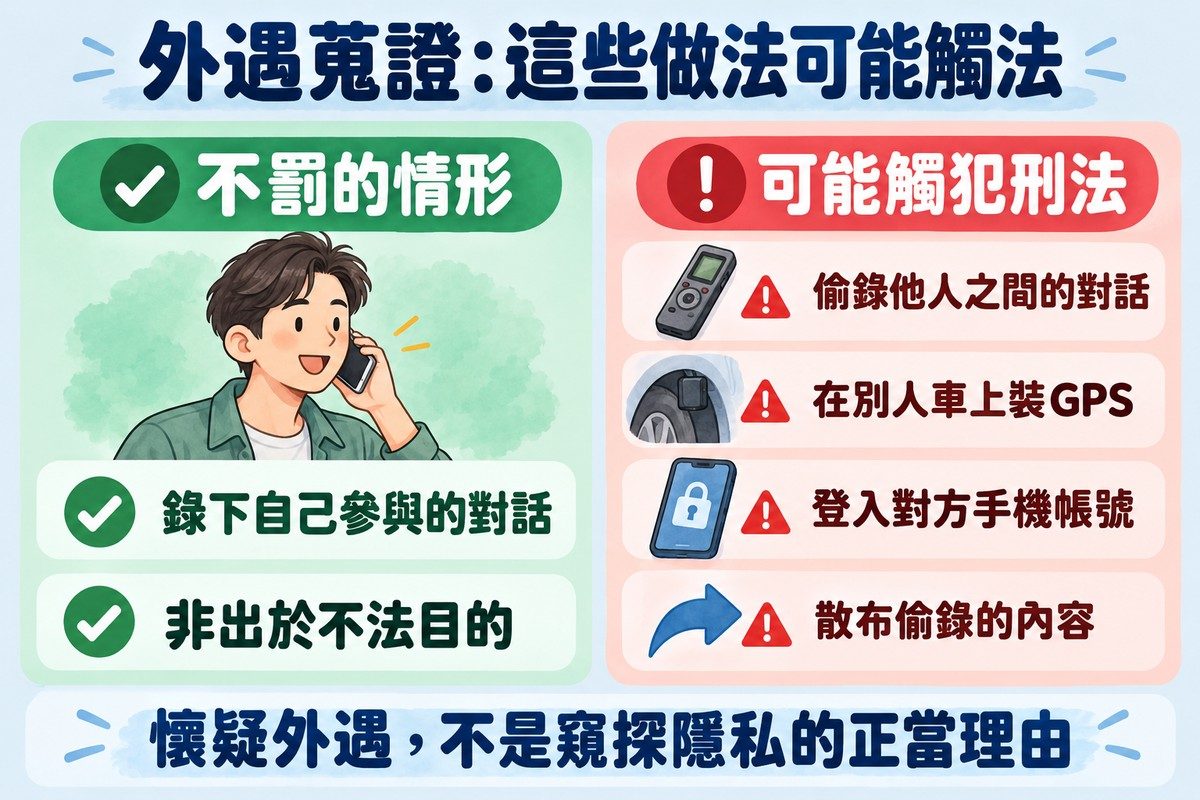 兩欄比較圖：左欄綠色寫錄下自己參與的對話、非出於不法目的屬於不罰的情形；右欄珊瑚色列出偷錄他人之間的對話、在別人車上裝GPS、登入對方手機帳號、散布偷錄的內容，可能觸犯刑法