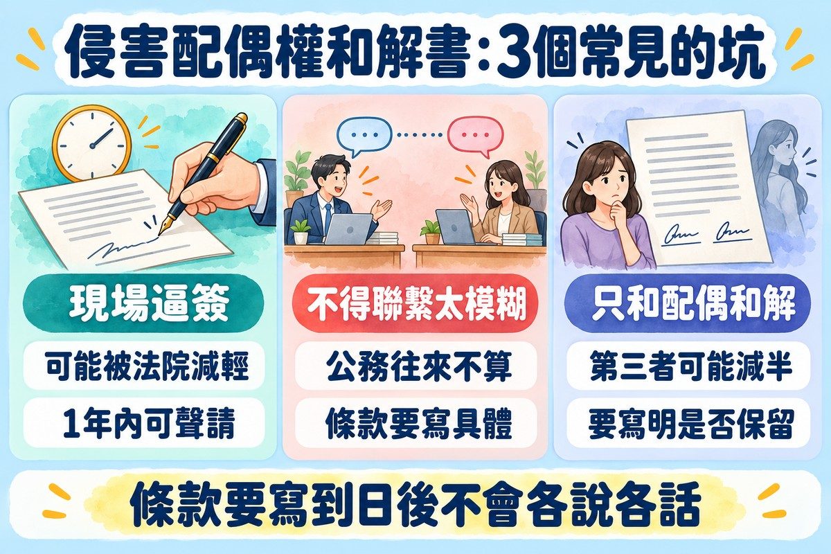 三張卡片清單圖：現場逼簽的和解可能被法院減輕、1年內可聲請；不得聯繫寫得太模糊時公務往來不算違約、條款要寫具體；只和配偶和解時第三者可能減半、要寫明是否保留請求