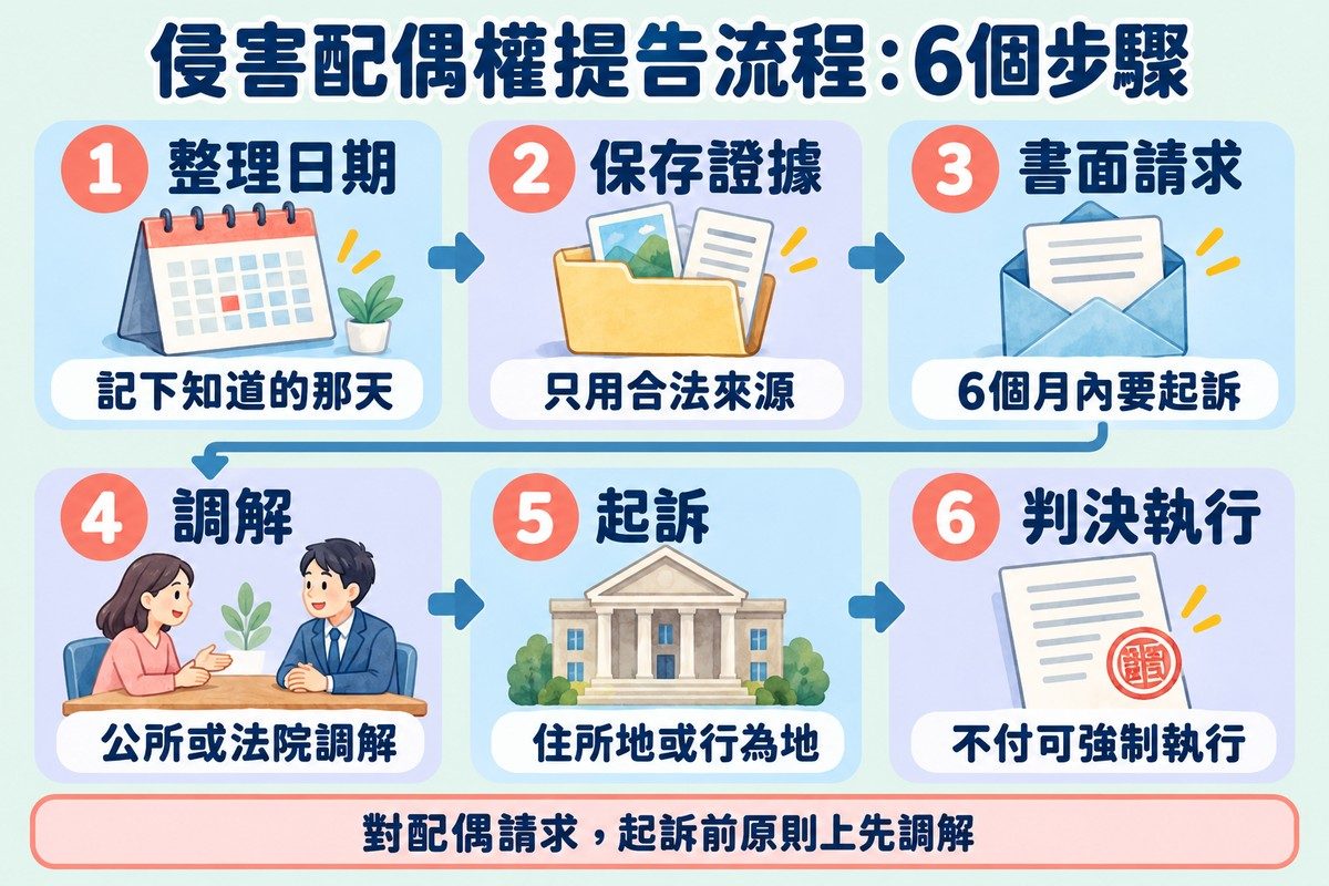 六步驟流程圖：1整理日期記下知道的那天、2只用合法來源保存證據、3書面請求後6個月內要起訴、4到公所或法院調解、5向住所地或行為地法院起訴、6判決後不付可強制執行；底部註明對配偶請求起訴前原則上先調解